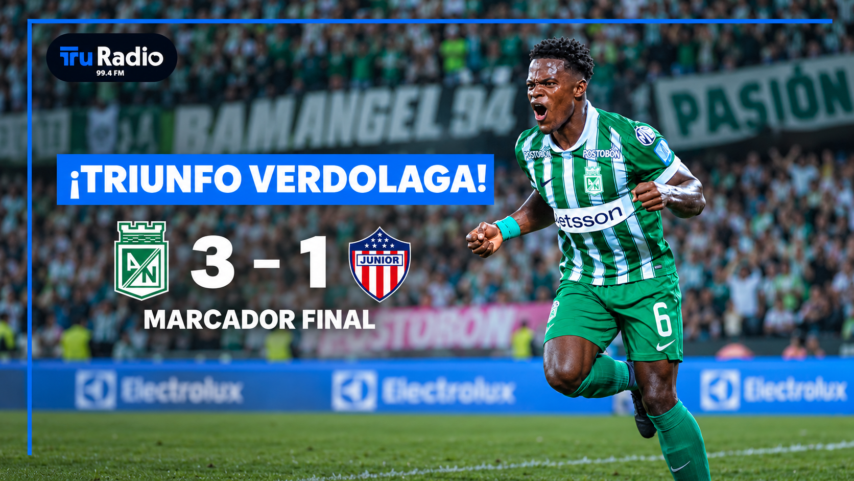 Nacional venció 3–1 a Junior con doblete de Andrés Felipe Román